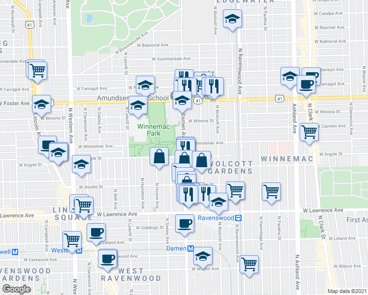 map of restaurants, bars, coffee shops, grocery stores, and more near 5020 North Damen Avenue in Chicago