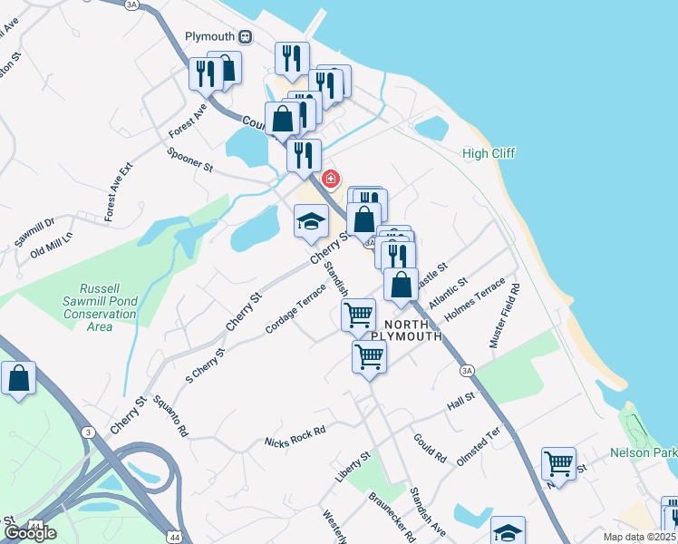 map of restaurants, bars, coffee shops, grocery stores, and more near 236 Standish Avenue in Plymouth
