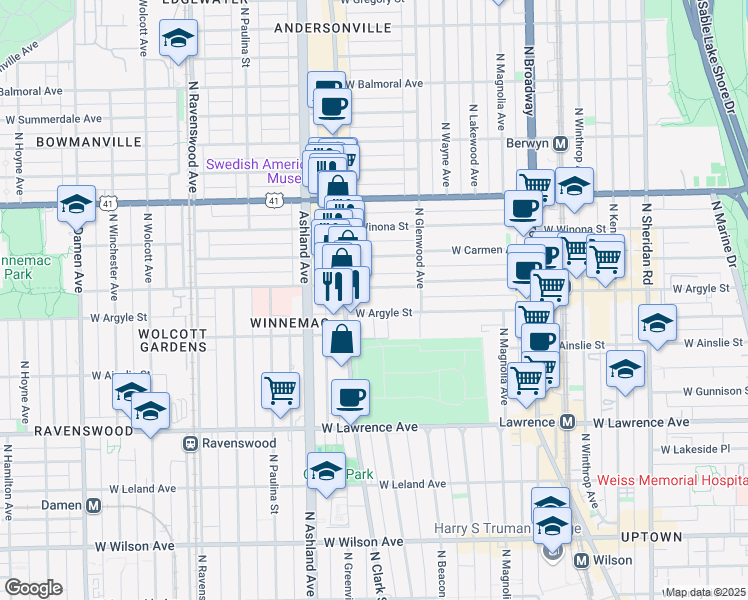 map of restaurants, bars, coffee shops, grocery stores, and more near 1448 West Argyle Street in Chicago
