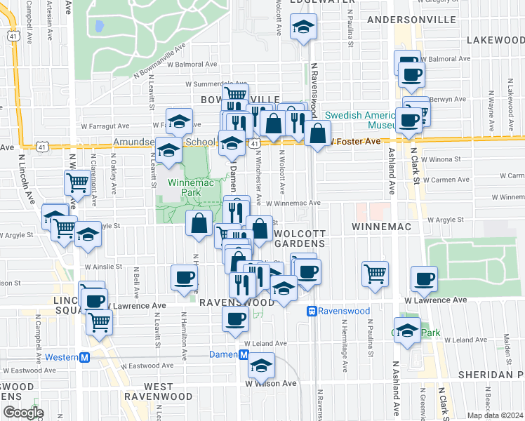 map of restaurants, bars, coffee shops, grocery stores, and more near 5016 North Winchester Avenue in Chicago