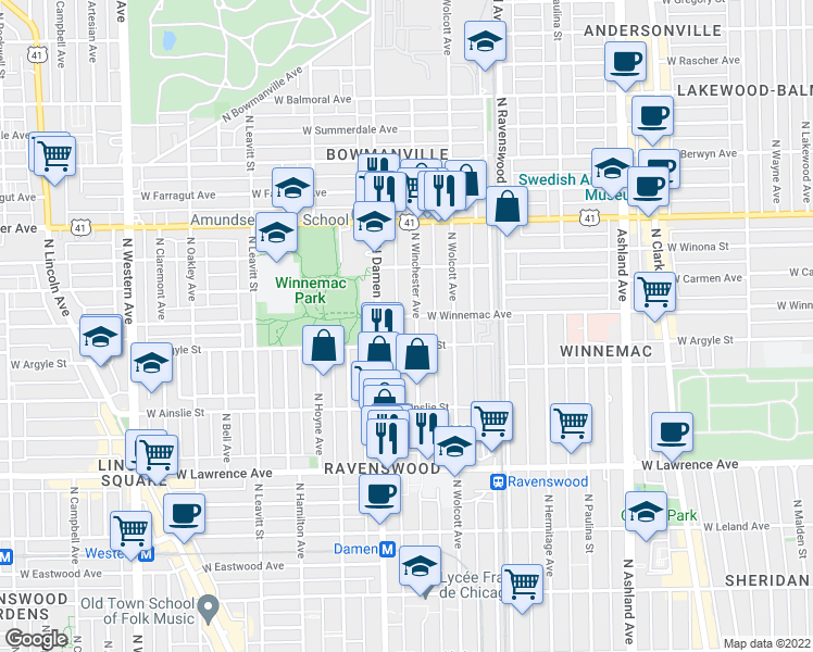map of restaurants, bars, coffee shops, grocery stores, and more near 5016 North Winchester Avenue in Chicago