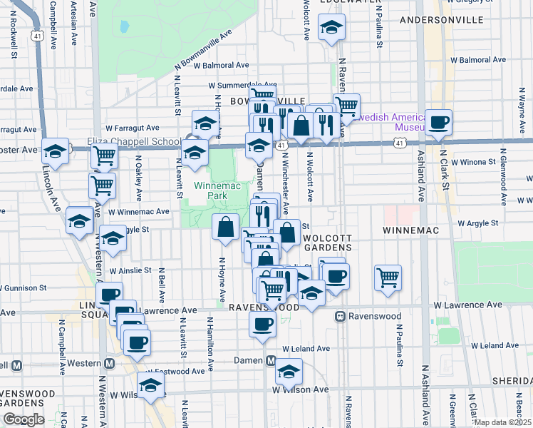map of restaurants, bars, coffee shops, grocery stores, and more near 5017 North Damen Avenue in Chicago