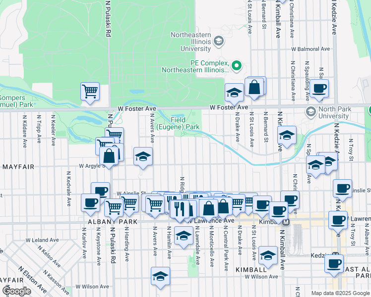 map of restaurants, bars, coffee shops, grocery stores, and more near 5033 North Ridgeway Avenue in Chicago