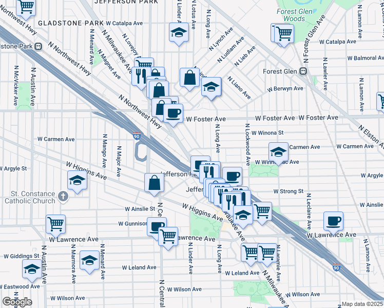 map of restaurants, bars, coffee shops, grocery stores, and more near 5079 North Northwest Highway in Chicago