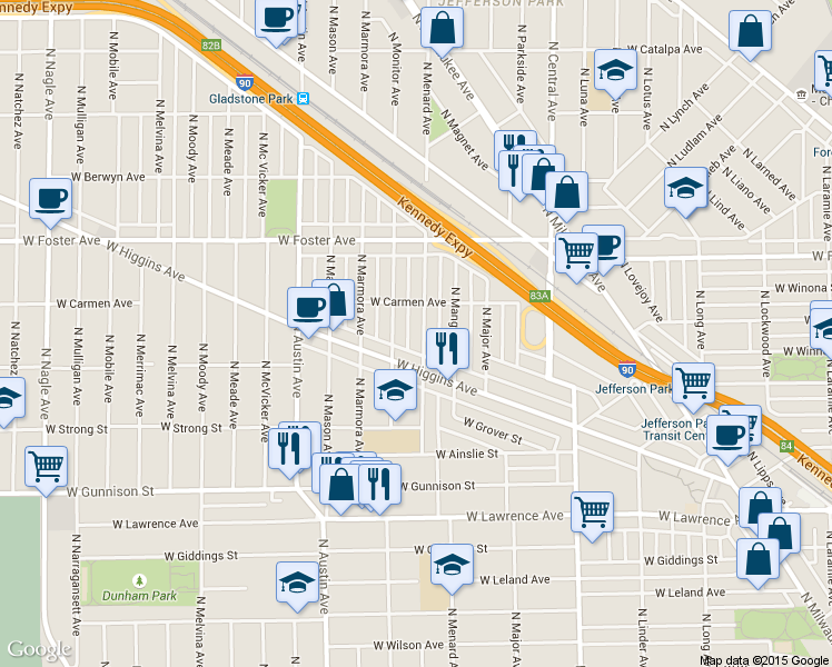 map of restaurants, bars, coffee shops, grocery stores, and more near 5036 North Menard Avenue in Chicago