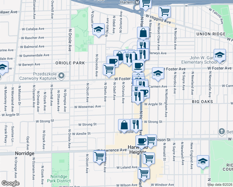 map of restaurants, bars, coffee shops, grocery stores, and more near 5114 North Octavia Avenue in Chicago