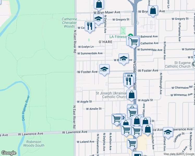 map of restaurants, bars, coffee shops, grocery stores, and more near 8639 West Foster Avenue in Chicago