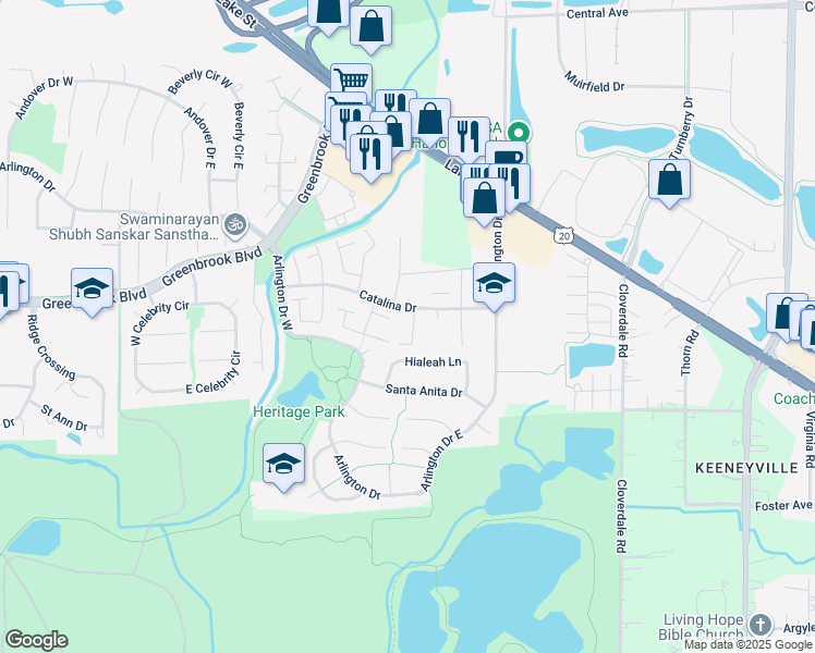 map of restaurants, bars, coffee shops, grocery stores, and more near 1284 Court East in Hanover Park