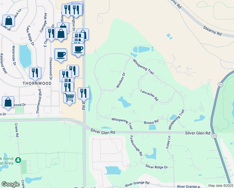 map of restaurants, bars, coffee shops, grocery stores, and more near 7N197 Windsor Drive in St. Charles