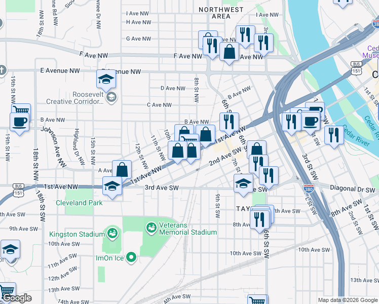 map of restaurants, bars, coffee shops, grocery stores, and more near 912 1st Avenue Northwest in Cedar Rapids