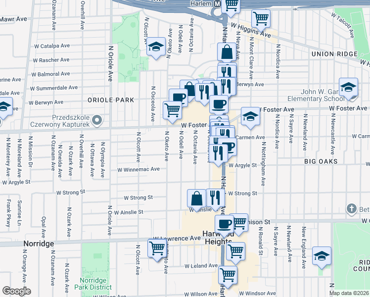 map of restaurants, bars, coffee shops, grocery stores, and more near 5114 North Octavia Avenue in Chicago