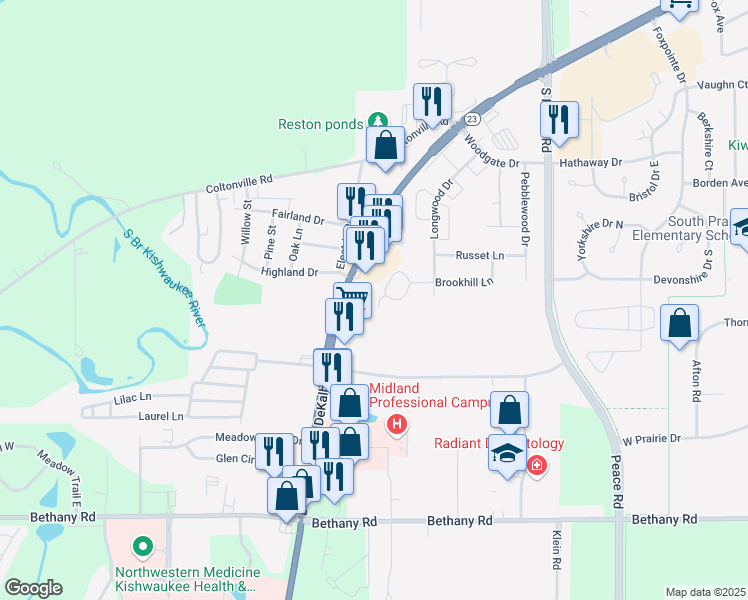 map of restaurants, bars, coffee shops, grocery stores, and more near 1881 Kerrybrook Court in Sycamore