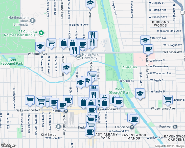 map of restaurants, bars, coffee shops, grocery stores, and more near 5033 North Kedzie Avenue in Chicago