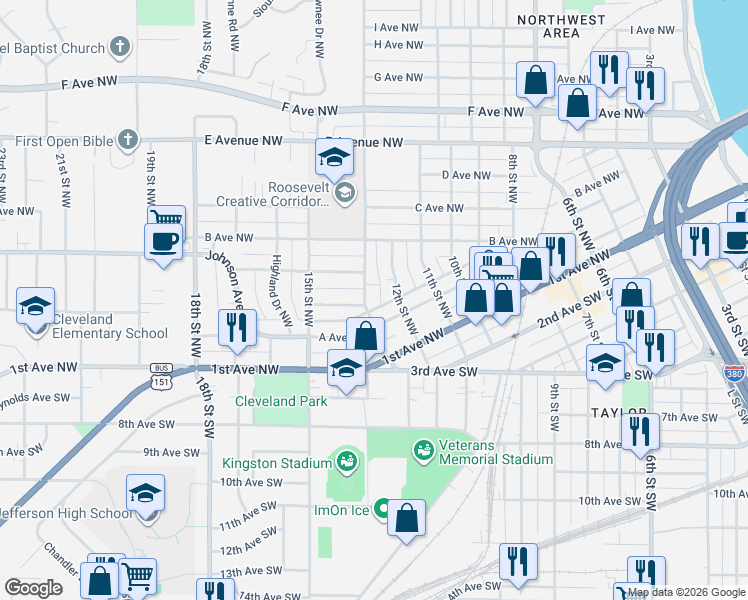 map of restaurants, bars, coffee shops, grocery stores, and more near 227 13th Street Northwest in Cedar Rapids