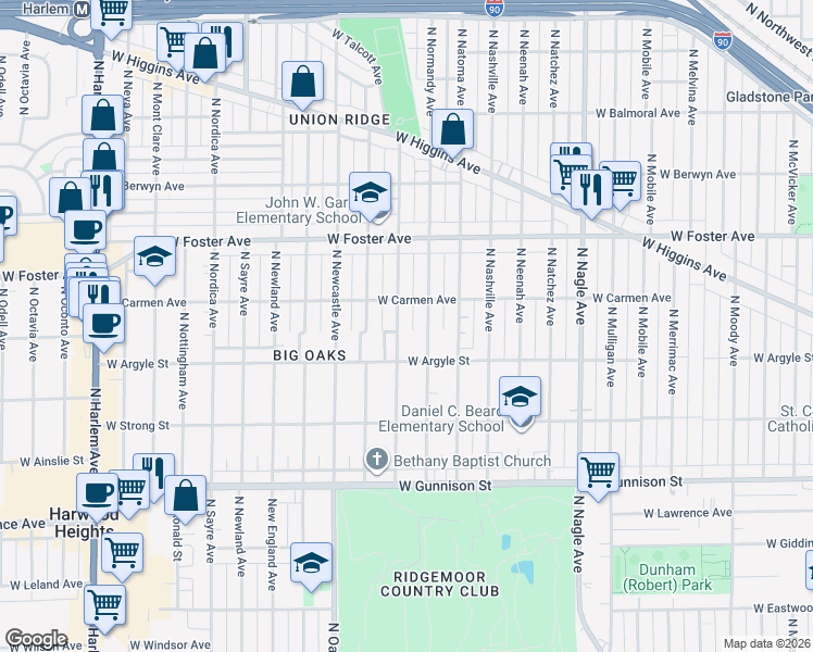 map of restaurants, bars, coffee shops, grocery stores, and more near 5035 North Rutherford Avenue in Chicago
