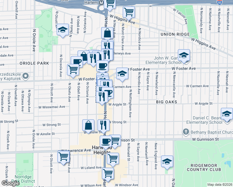 map of restaurants, bars, coffee shops, grocery stores, and more near 5037 North Neva Avenue in Chicago