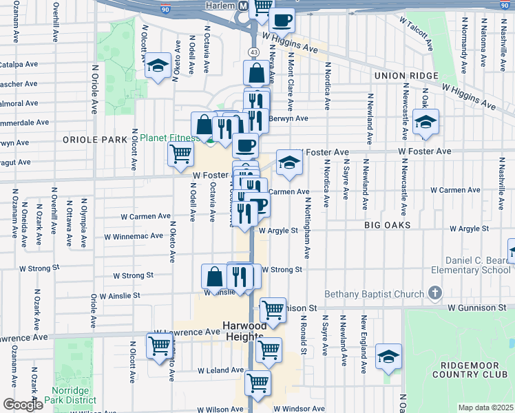 map of restaurants, bars, coffee shops, grocery stores, and more near 5037 North Harlem Avenue in Chicago
