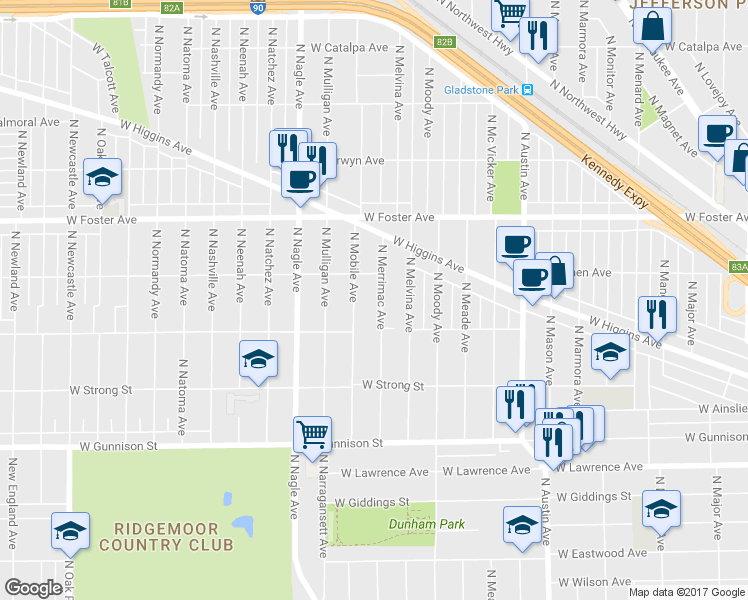 map of restaurants, bars, coffee shops, grocery stores, and more near 5032 North Merrimac Avenue in Chicago