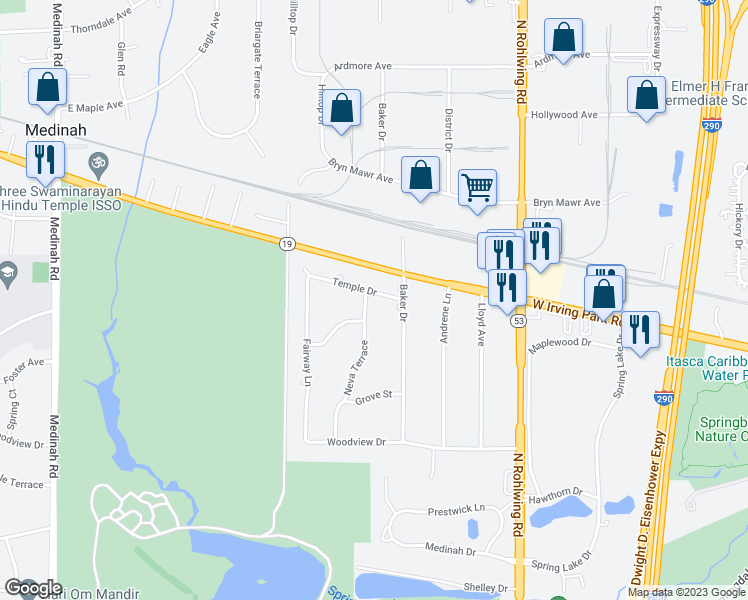 map of restaurants, bars, coffee shops, grocery stores, and more near 21W241 Temple Drive in Itasca