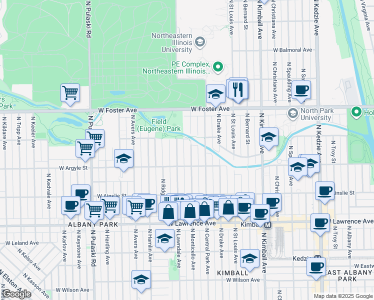 map of restaurants, bars, coffee shops, grocery stores, and more near 5034 North Monticello Avenue in Chicago