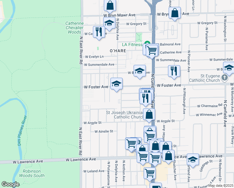map of restaurants, bars, coffee shops, grocery stores, and more near 8601 West Foster Avenue in Chicago