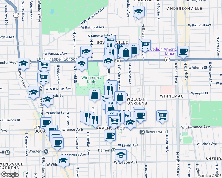 map of restaurants, bars, coffee shops, grocery stores, and more near 5017 North Damen Avenue in Chicago