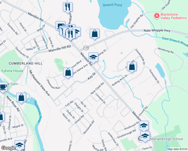 map of restaurants, bars, coffee shops, grocery stores, and more near 10 Kay Street in Cumberland