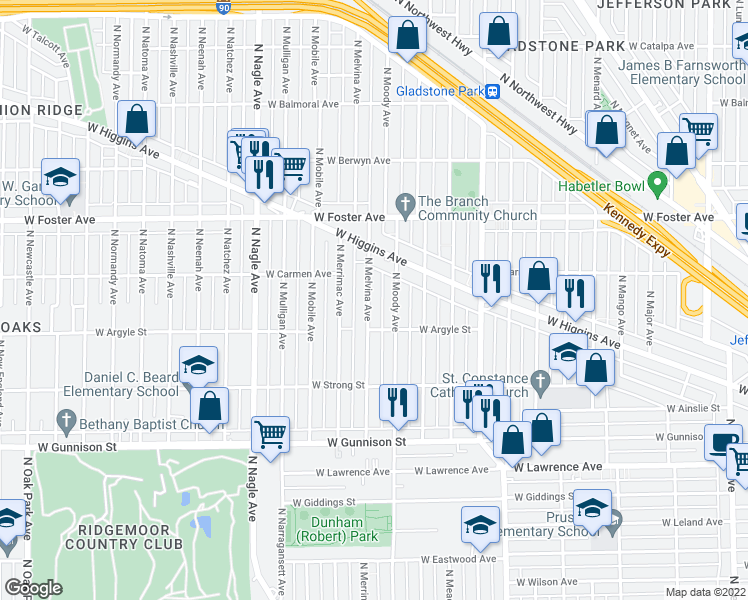 map of restaurants, bars, coffee shops, grocery stores, and more near 5031 North Melvina Avenue in Chicago