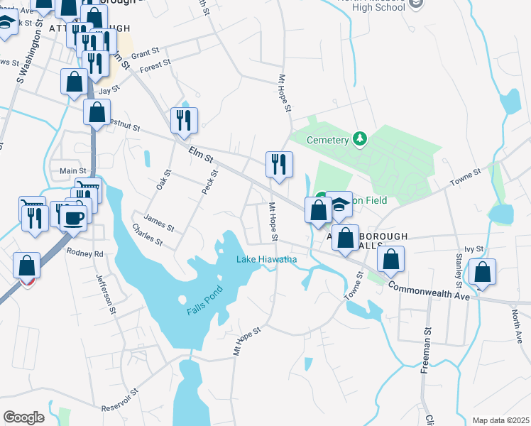 map of restaurants, bars, coffee shops, grocery stores, and more near 35 East Bulfinch Street in North Attleborough