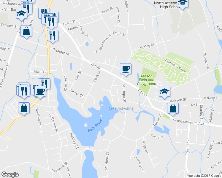 map of restaurants, bars, coffee shops, grocery stores, and more near 35 Bulfinch Street in North Attleborough