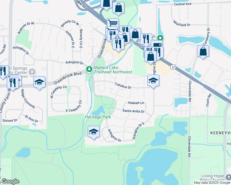 map of restaurants, bars, coffee shops, grocery stores, and more near 5508 Montibello Drive in Hanover Park