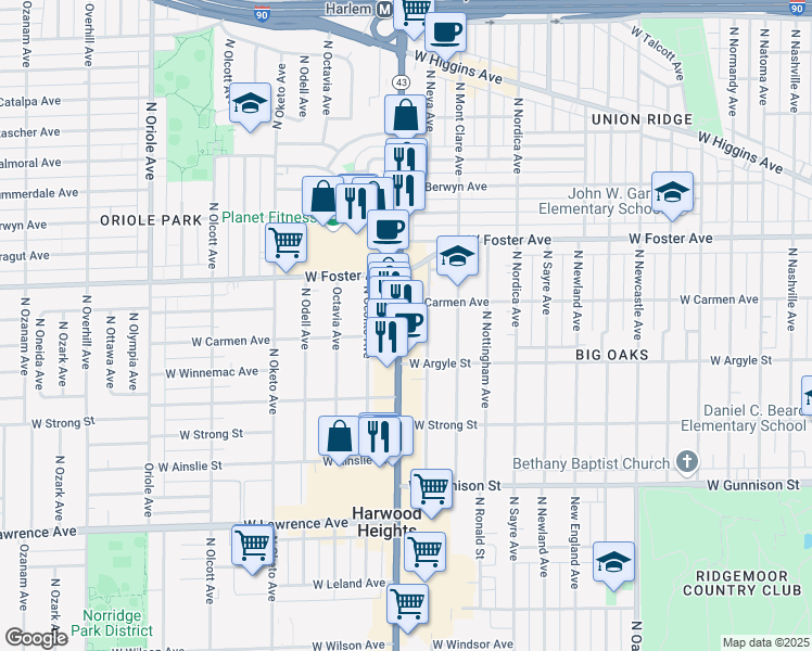 map of restaurants, bars, coffee shops, grocery stores, and more near 5037 North Harlem Avenue in Chicago