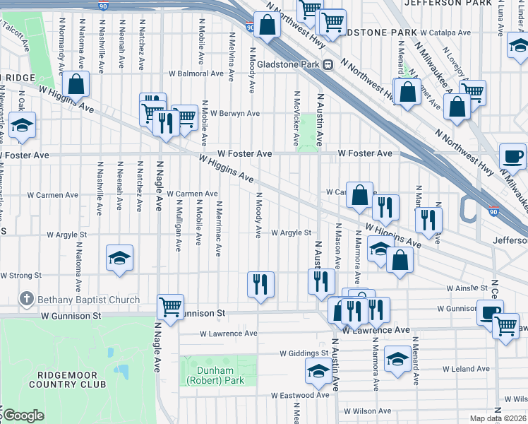 map of restaurants, bars, coffee shops, grocery stores, and more near 5031 North Moody Avenue in Chicago