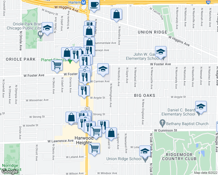 map of restaurants, bars, coffee shops, grocery stores, and more near 5036 North Nottingham Avenue in Chicago