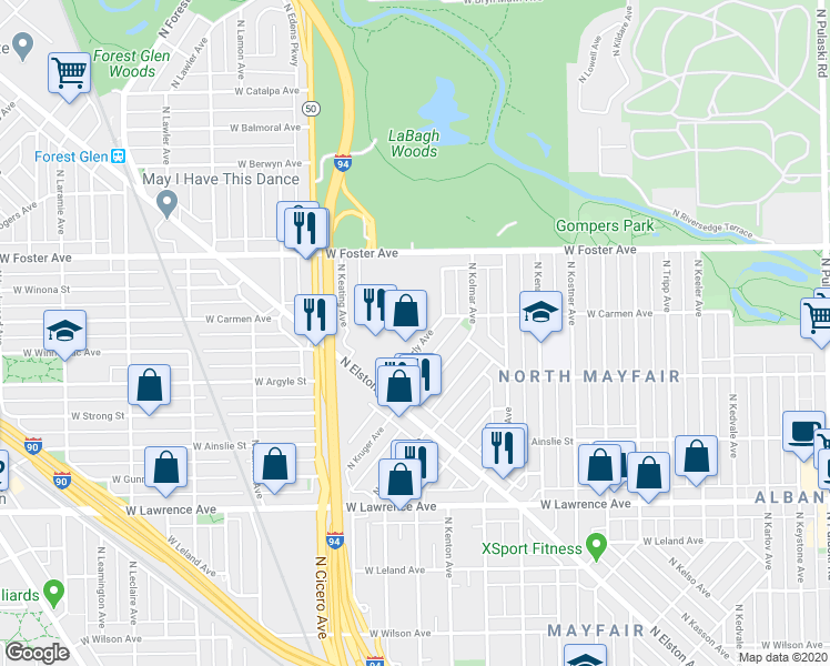 map of restaurants, bars, coffee shops, grocery stores, and more near 5068 North Kimberly Avenue in Chicago