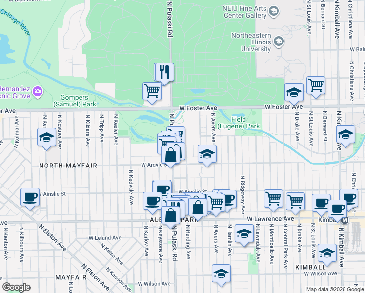 map of restaurants, bars, coffee shops, grocery stores, and more near 5034 North Harding Avenue in Chicago