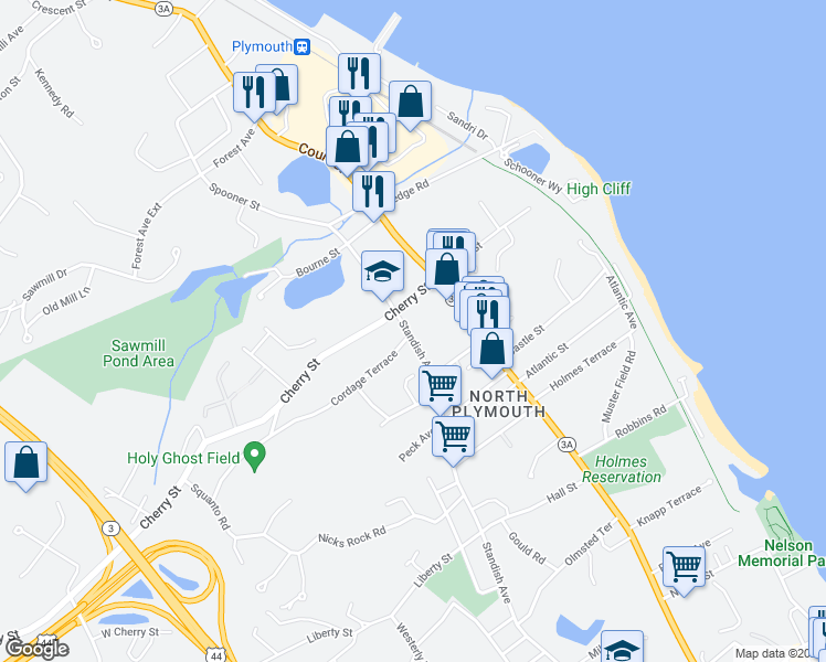 map of restaurants, bars, coffee shops, grocery stores, and more near 236 Standish Avenue in Plymouth