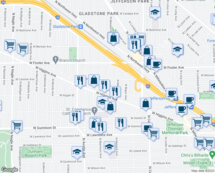 map of restaurants, bars, coffee shops, grocery stores, and more near 5036 North Menard Avenue in Chicago