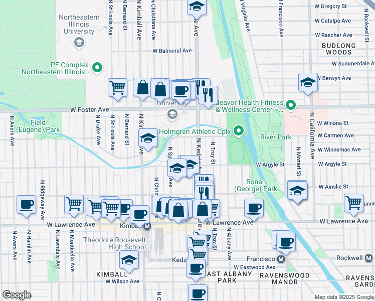 map of restaurants, bars, coffee shops, grocery stores, and more near 5031 North Sawyer Avenue in Chicago
