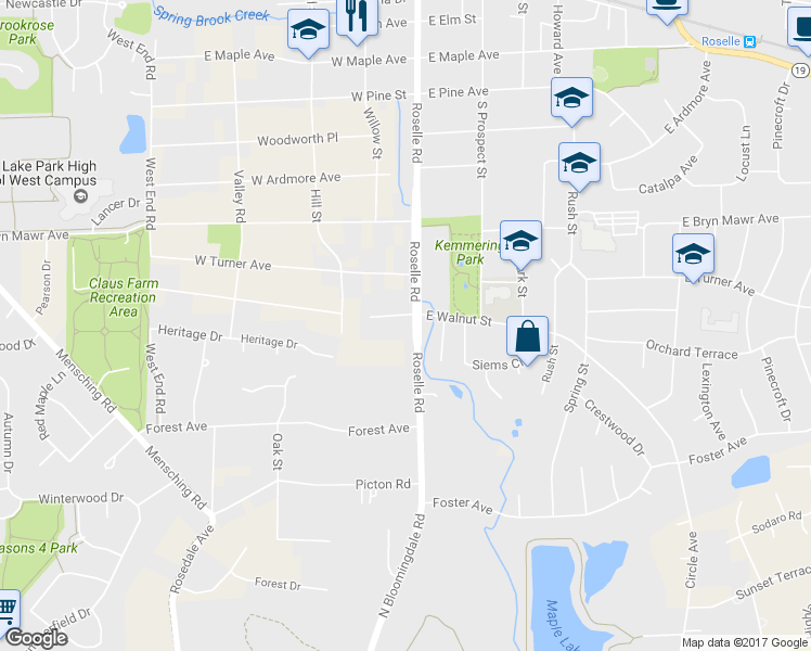 map of restaurants, bars, coffee shops, grocery stores, and more near 39 East Walnut Street in Roselle