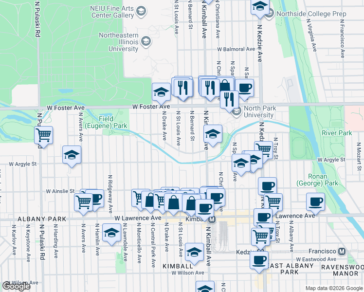 map of restaurants, bars, coffee shops, grocery stores, and more near 5033 North Saint Louis Avenue in Chicago