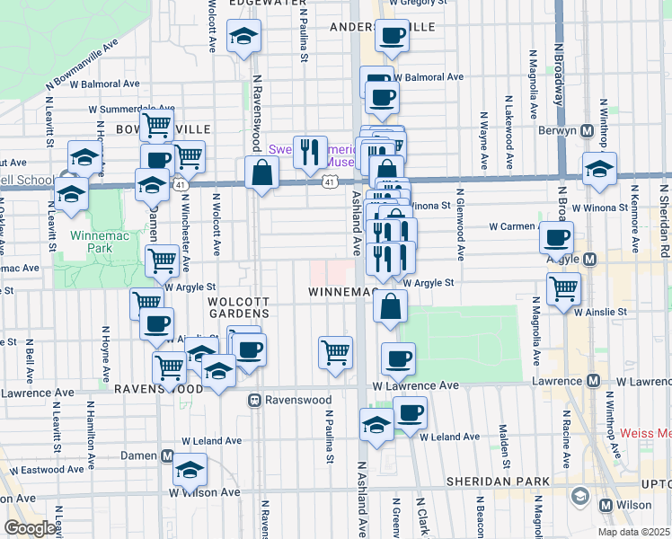 map of restaurants, bars, coffee shops, grocery stores, and more near 5015 North Paulina Street in Chicago
