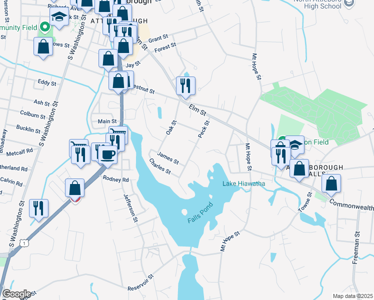map of restaurants, bars, coffee shops, grocery stores, and more near 61 Peck Street in North Attleborough
