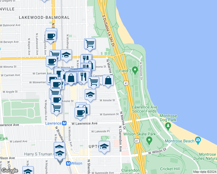 map of restaurants, bars, coffee shops, grocery stores, and more near 901 West Argyle Street in Chicago