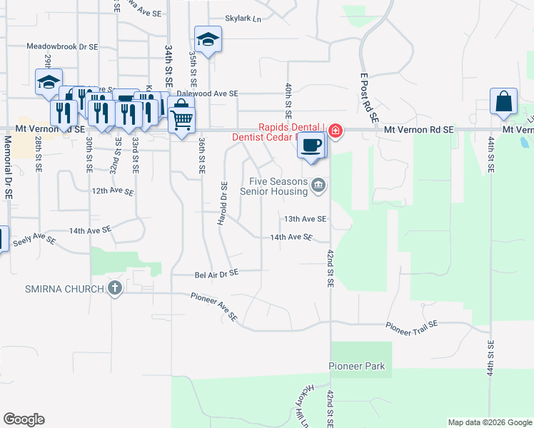 map of restaurants, bars, coffee shops, grocery stores, and more near 1240 38th St SE in Cedar Rapids