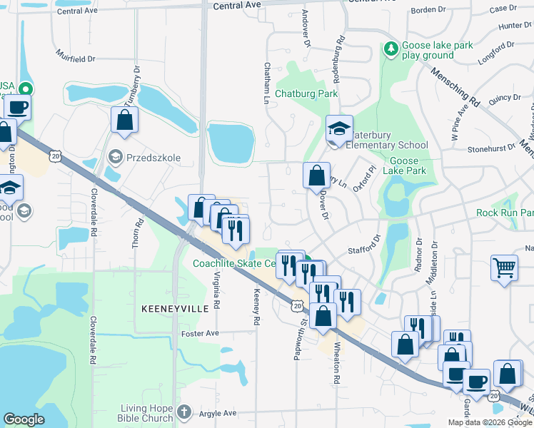 map of restaurants, bars, coffee shops, grocery stores, and more near 525 Northampton Lane in Roselle