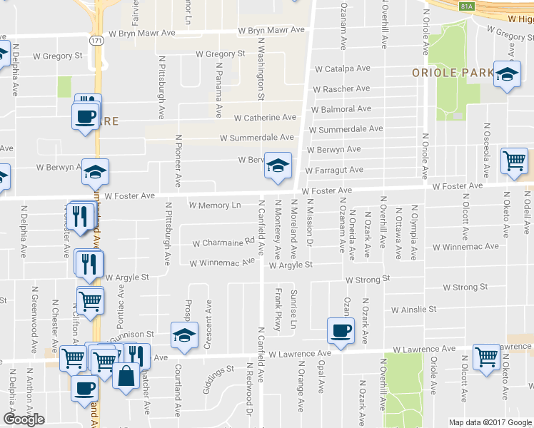 map of restaurants, bars, coffee shops, grocery stores, and more near 5173 North Canfield Avenue in Norridge