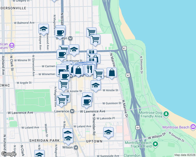 map of restaurants, bars, coffee shops, grocery stores, and more near 939 West Argyle Street in Chicago