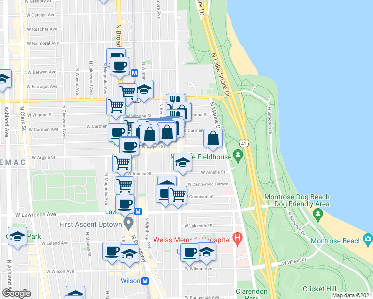 map of restaurants, bars, coffee shops, grocery stores, and more near 939 West Argyle Street in Chicago