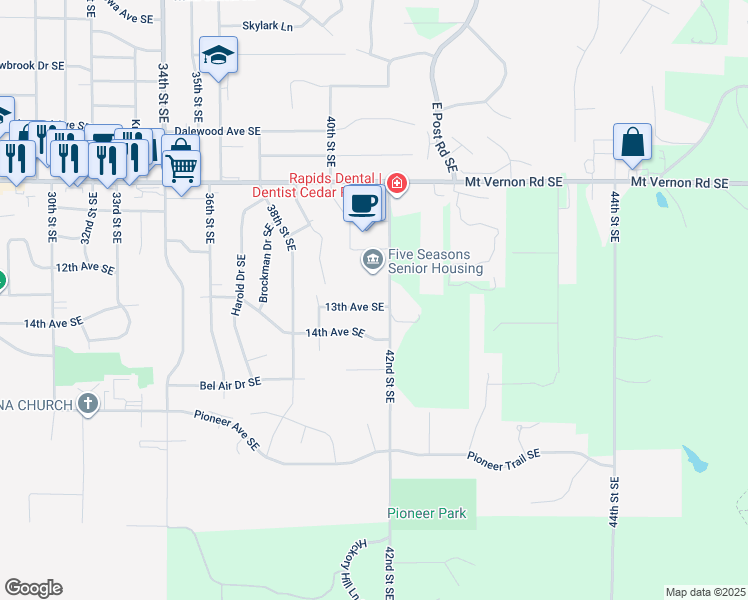 map of restaurants, bars, coffee shops, grocery stores, and more near 4108 13th Avenue Southeast in Cedar Rapids